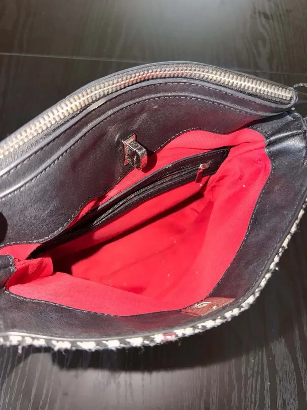 Vintage Plaid Houndstooth Shoulder Bag with Black Leather-like Trim